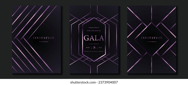 Luxury invitation card background vector. Golden elegant geometric shape, purple lines gradient on dark background. Premium design illustration for gala card, grand opening, party invitation, wedding.