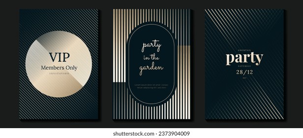 Luxury invitation card background vector. Golden elegant geometric shape, gold lines gradient on dark blue background. Premium design illustration for gala card, grand opening, party invitation.