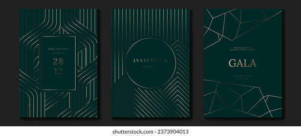 Vector de fondo de tarjeta de invitación de lujo. Forma geométrica elegante dorada, gradiente de líneas doradas sobre fondo verde oscuro. Ilustración de diseño premium para tarjeta de gala, gran abertura, invitación a fiesta.