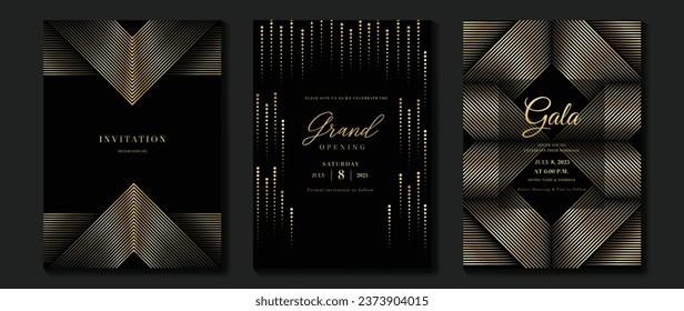 Luxury invitation card background vector. Golden elegant geometric shape, gold line, dot gradient on dark background. Premium design illustration for gala card, grand opening, party invitation.