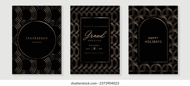 Luxury invitation card background vector. Golden elegant geometric shape, gold lines gradient on dark background. Premium design illustration for gala card, grand opening, party invitation, wedding.