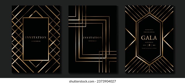 Luxuriöse Einladungskarte, Hintergrund, Vektorgrafik. Golden elegante geometrische Form, goldene Linien Farbverlauf auf dunklem Hintergrund. Premium Design-Illustration für Galakarte, große Öffnung, Partyeinladung, Hochzeit.