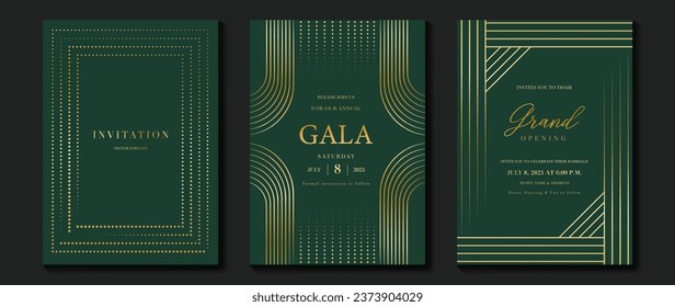 Luxury invitation card background vector. Golden elegant geometric shape, gold line, dot gradient on dark green background. Premium design illustration for gala card, grand opening, party invitation.