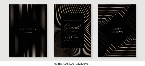 Luxury invitation card background vector. Golden elegant geometric shape, gold lines gradient on dark background. Premium design illustration for gala card, grand opening, party invitation, wedding.