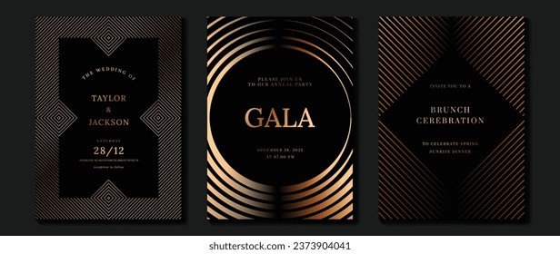 Luxury invitation card background vector. Golden elegant geometric shape, gold lines gradient on dark background. Premium design illustration for gala card, grand opening, party invitation, wedding.