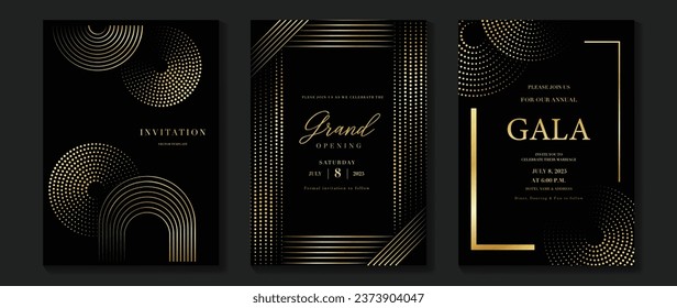 Luxury invitation card background vector. Golden elegant geometric shape, gold line, dot gradient on dark background. Premium design illustration for gala card, grand opening, party invitation.