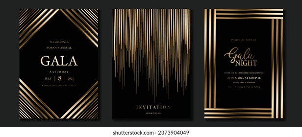 Luxury invitation card background vector. Golden elegant geometric shape, gold lines gradient on dark background. Premium design illustration for gala card, grand opening, wedding, party invitation.