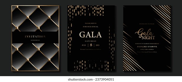 Luxury invitation card background vector. Golden elegant geometric shape, gold lines gradient on dark background. Premium design illustration for gala card, grand opening, party invitation, wedding.