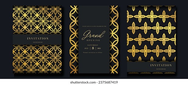 Luxury invitation card background vector. Golden elegant geometric shape, gold line gradient, flower on dark background. Premium design illustration for gala card, grand opening, party invitation.