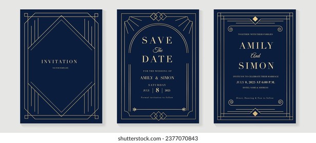 Luxury invitation card background vector. Elegant classic antique design, gold lines gradient, flower on dark blue background. Premium design illustration for gala card, grand opening, art deco.