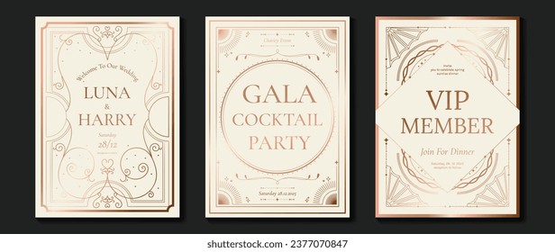 Luxury invitation card background vector. Elegant classic antique design, rose gold lines gradient, sparkle on light background. Premium design illustration for gala card, grand opening, art deco.