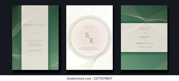 Luxury invitation card background vector. Golden elegant geometric shape, gold lines gradient on green and white background. Premium design illustration for gala card, grand opening, party invitation.