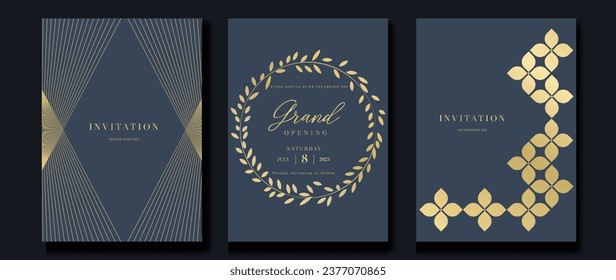 Luxury invitation card background vector. Golden elegant geometric shape, gold lines gradient, leaf on dark blue background. Premium design illustration for gala card, grand opening, party invitation.