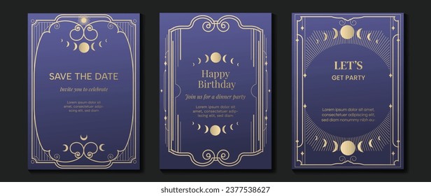 Luxury invitation card background vector. Elegant classic antique design, gold lines, moon on purple background gradient. Premium design illustration for gala card, grand opening, art deco.