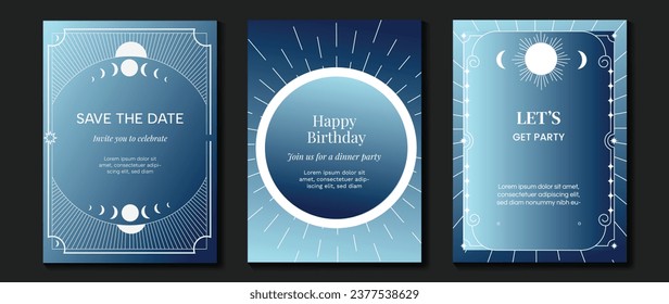 Luxury invitation card background vector. Elegant classic antique design, white lines, moon on dark blue background gradient. Premium design illustration for gala card, grand opening, art deco.