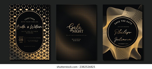 Luxury invitation card background vector. Golden elegant geometric shape, gold lines gradient, halftone on dark background. Premium design illustration for gala card, grand opening, party invitation.