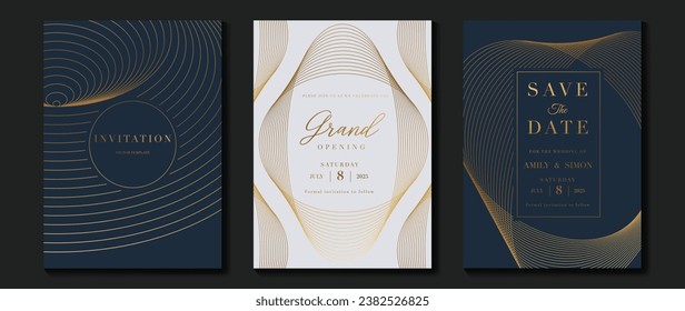 Vector de fondo de tarjeta de invitación de lujo. Forma geométrica elegante dorada, gradiente de línea dorada sobre fondo azul y blanco. Ilustración de diseño premium para tarjeta de gala, gran abertura, invitación a fiesta.