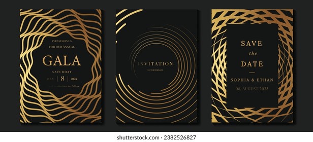 Luxury invitation card background vector. Golden elegant geometric shape, gold lines gradient on dark background. Premium design illustration for gala card, grand opening, party invitation, wedding.