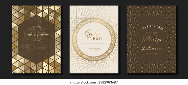 Luxury invitation card background vector. Golden elegant geometric shape, gold line gradient on brown and light background. Premium design illustration for gala card, grand opening, party, wedding.