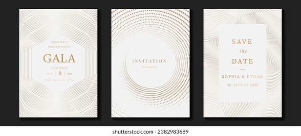 Luxury invitation card background vector. Golden elegant geometric shape, gold line and spot gradient on light background. Premium design illustration for gala card, grand opening, party, wedding.