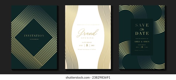 Luxury invitation card background vector. Golden elegant geometric shape, gold line gradient on dark green and light background. Premium design illustration for gala, grand opening, party, wedding.