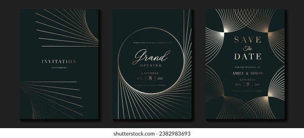 Vector de fondo de tarjeta de invitación de lujo. Forma geométrica elegante dorada, gradiente de línea oro rosa sobre fondo oscuro. Ilustración de diseño premium para tarjeta de gala, gran abertura, fiesta, boda.