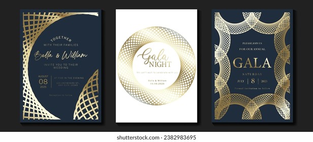 Luxury invitation card background vector. Golden elegant geometric shape, gold lines gradient on dark blue background. Premium design illustration for gala, grand opening, party invitation, wedding.