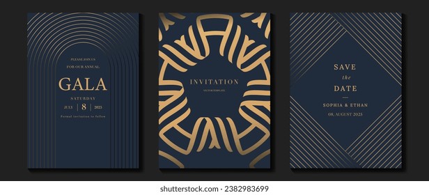 Luxury invitation card background vector. Golden elegant geometric shape, gold lines gradient on dark blue background. Premium design illustration for gala, grand opening, party invitation, wedding.