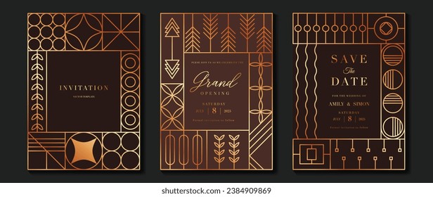 Luxury invitation card background vector. Elegant classic antique design, gold lines gradient, sparkle on brown background. Premium design illustration for gala card, grand opening, art deco.