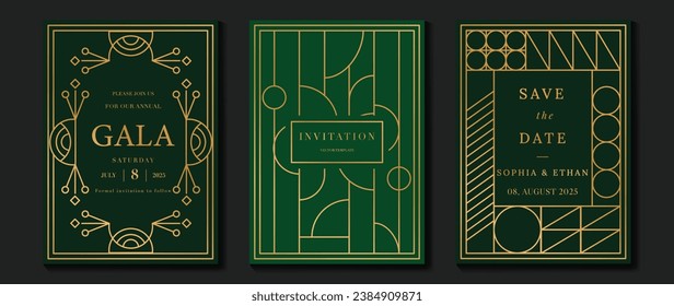 Luxury invitation card background vector. Elegant classic antique design, gold lines gradient on dark green background. Premium design illustration for gala card, grand opening, art deco.