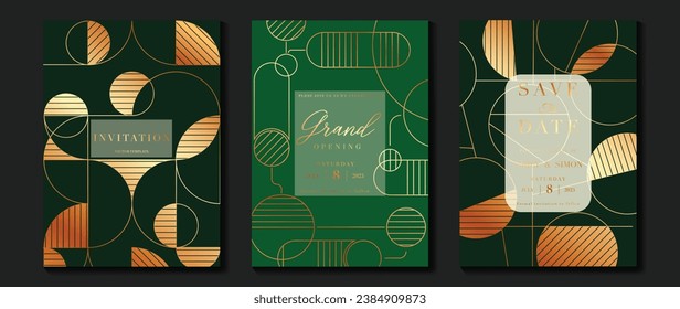 Luxury invitation card background vector. Elegant classic antique design, gold lines gradient on dark green background. Premium design illustration for gala card, grand opening, art deco.