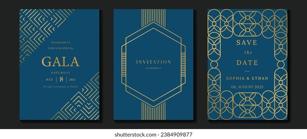 Luxury invitation card background vector. Elegant classic antique design, gold lines gradient on blue background. Premium design illustration for gala card, grand opening, art deco.