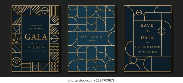 Luxury invitation card background vector. Elegant classic antique design, gold lines gradient on dark blue background. Premium design illustration for gala card, grand opening, art deco.