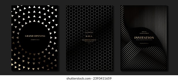 Luxury invitation card background vector. Golden elegant geometric shape, gold line gradient on dark background. Premium design illustration for gala card, grand opening, party invitation.