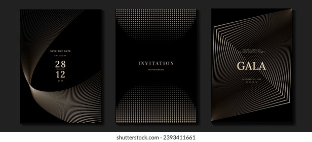 Vector de fondo de tarjeta de invitación de lujo. Forma geométrica elegante dorada, gradiente de línea dorada, medio tono sobre fondo oscuro. Ilustración de diseño premium para tarjeta de gala, gran abertura, invitación a fiesta.