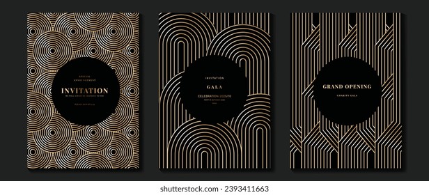 Luxury invitation card background vector. Golden elegant geometric shape, gold line gradient on dark background. Premium design illustration for gala card, grand opening, party invitation.