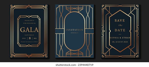 Luxury invitation card background vector. Elegant classic antique design, gold lines gradient on dark blue background. Premium design illustration for gala card, grand opening, art deco.