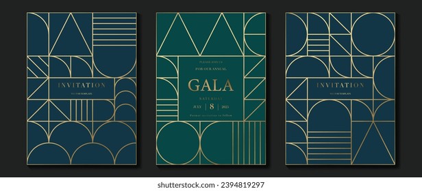 Vector de fondo de tarjeta de invitación de lujo. Elegante diseño clásico antiguo, dorado en el fondo azul oscuro y verde. Ilustración de diseño premium para tarjeta de gala, gran abertura, art deco.