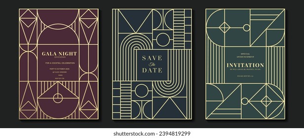 Vector de fondo de tarjeta de invitación de lujo. Elegante diseño clásico antiguo, dorado en el fondo verde, azul y marrón. Ilustración de diseño premium para tarjeta de gala, gran abertura, art deco.