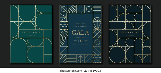 Luxury invitation card background vector. Elegant classic antique design, gold lines gradient on dark blue and green background. Premium design illustration for gala card, grand opening, art deco.