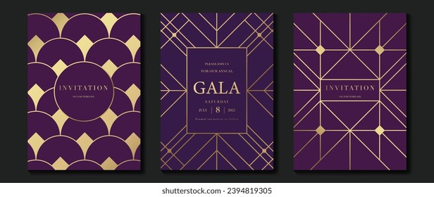 Vector de fondo de tarjeta de invitación de lujo. Elegante diseño clásico antiguo, dorado en el fondo violeta. Ilustración de diseño premium para tarjeta de gala, gran abertura, art deco.