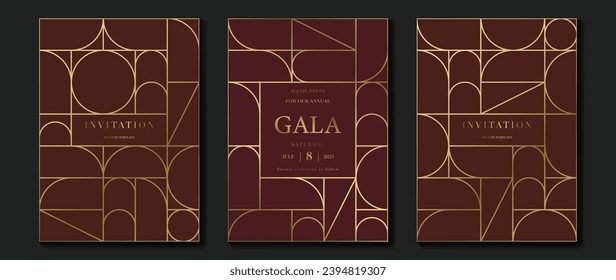 Luxury invitation card background vector. Elegant classic antique design, gold lines gradient, geometric shape on brown background. Premium design illustration for gala card, grand opening, art deco.