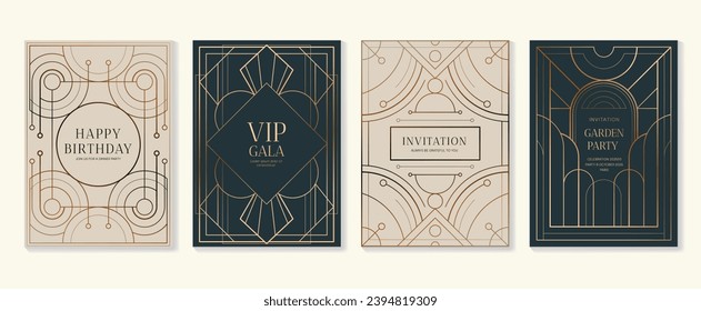 Luxury invitation card background vector. Elegant classic antique design, gold lines gradient on dark blue and light background. Premium design illustration for gala card, grand opening, art deco.