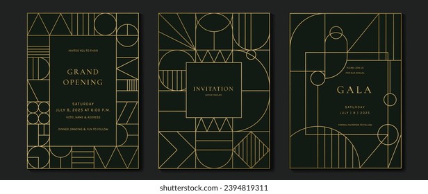 Vector de fondo de tarjeta de invitación de lujo. Elegante diseño clásico antiguo, dorado en el fondo verde oscuro. Ilustración de diseño premium para tarjeta de gala, gran abertura, art deco.