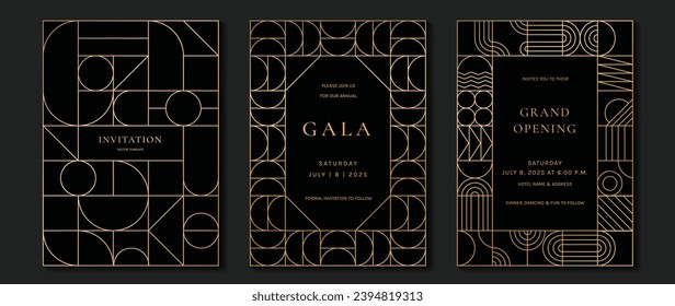 Luxury invitation card background vector. Elegant classic antique design, gold lines gradient, geometric shape on dark background. Premium design illustration for gala card, grand opening, art deco.