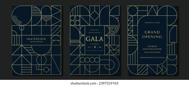 Luxury invitation card background vector. Elegant classic antique design, gold lines gradient on dark blue background. Premium design illustration for gala card, grand opening, art deco.