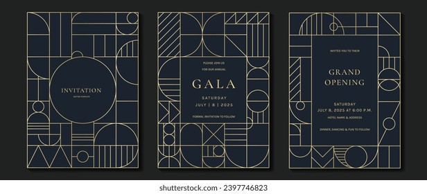 Luxury invitation card background vector. Elegant classic antique design, gold lines gradient on dark blue background. Premium design illustration for gala card, grand opening, art deco.