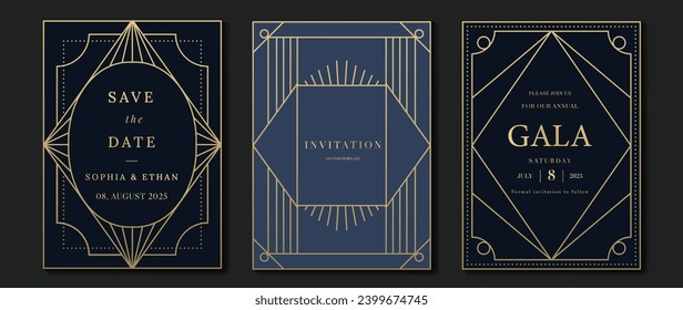 Vector de fondo de tarjeta de invitación de lujo. Elegante diseño clásico antiguo, dorado en el fondo azul oscuro. Ilustración de diseño premium para tarjeta de gala, gran abertura, art deco.