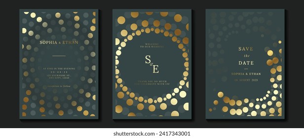 Luxury invitation card background vector. Golden elegant geometric shape, halftone gradient on gray background. Premium design illustration for gala card, grand opening, party invitation, wedding.