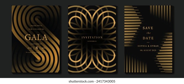 Vector de fondo de tarjeta de invitación de lujo. Forma geométrica elegante dorada, gradiente de líneas doradas sobre fondo oscuro. Ilustración de diseño premium para tarjeta de gala, gran abertura, invitación a fiesta, boda.